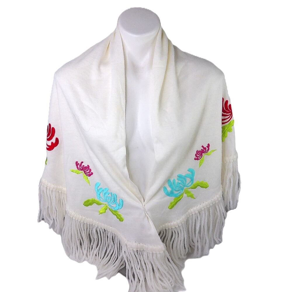 Vintage Sally Gee Embroidered Floral Shawl White Fringe Wrap Made in Japan